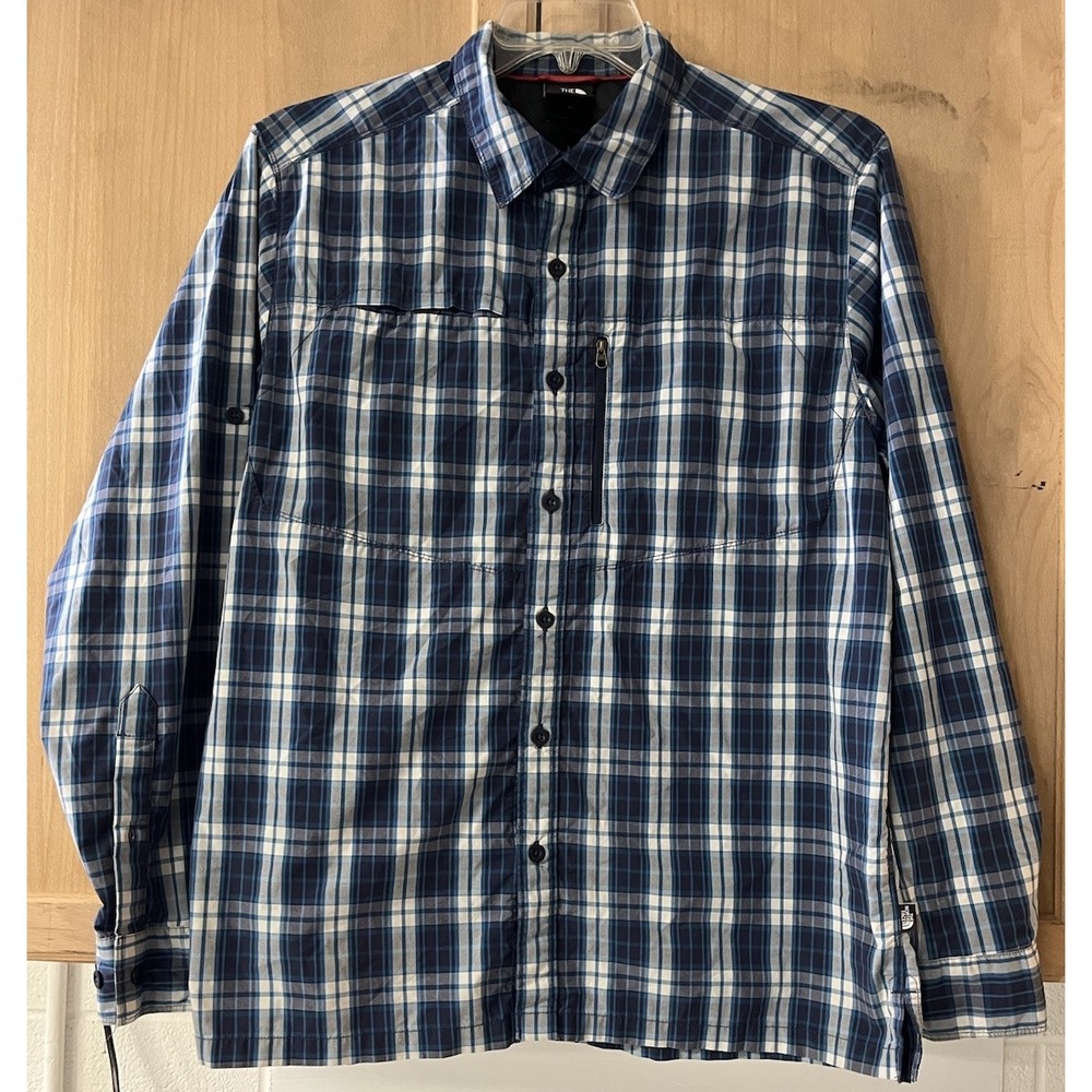The North Face‎ Button Down Shirt Mens Lg Blue Plaid Long Sleeve Hiking Zip Pkt